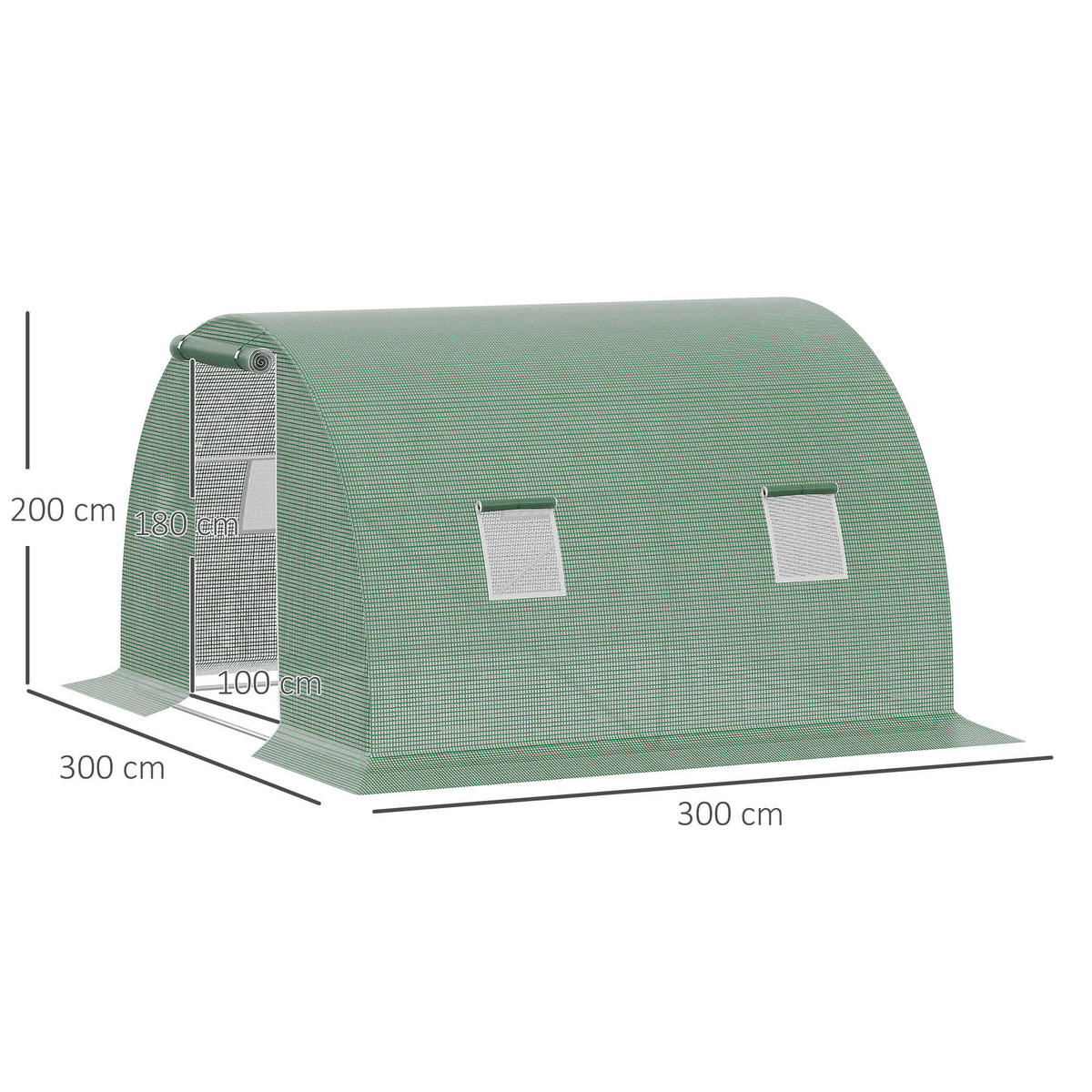 FOLIOVÝ SKLENÍK se 4 okny, mrazuvzdorný, PE plast, ocel, tmavě zelený - zelená barva, kov (300/200/300cm) - Outsunny