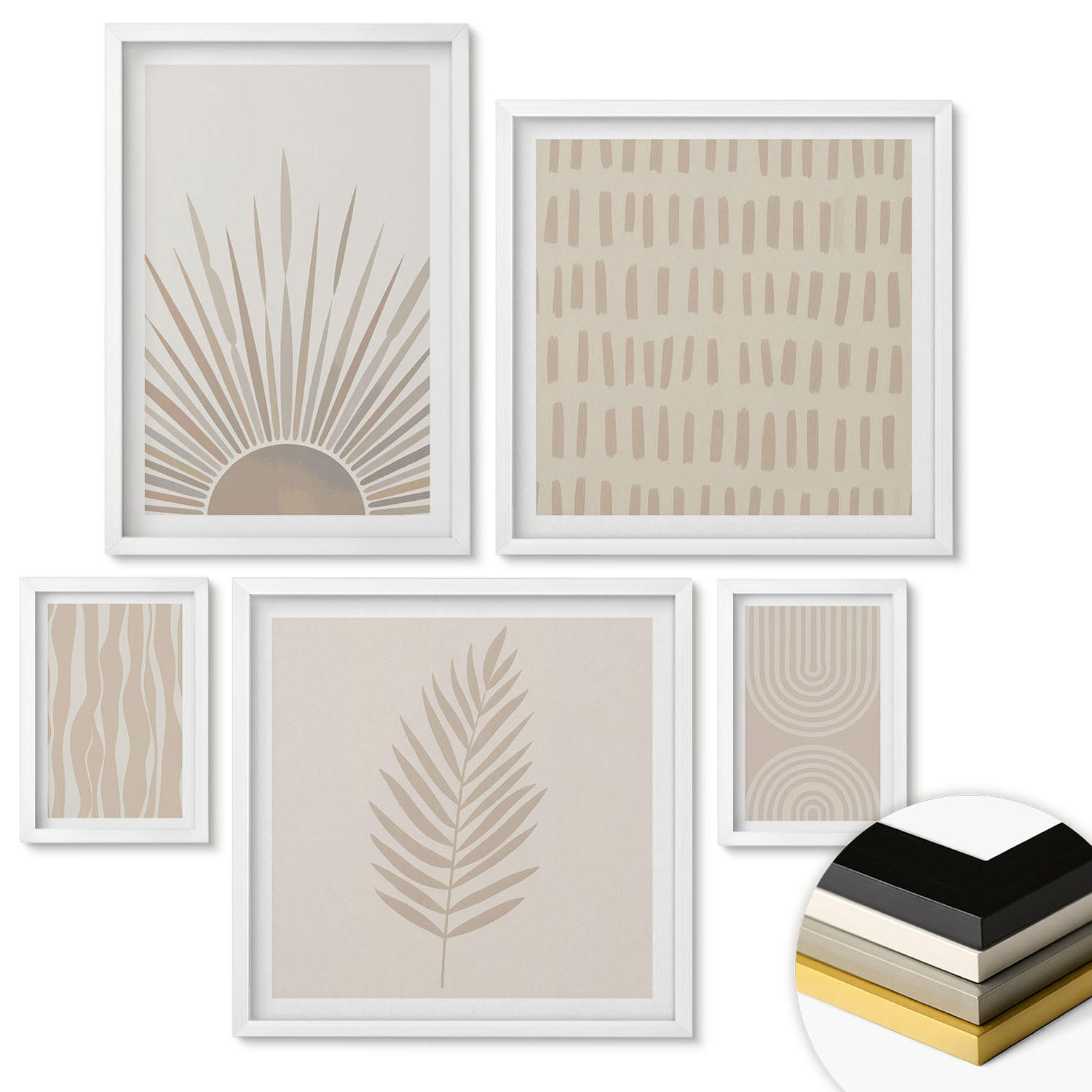WANDBILDER 5er-Set - 50x50 cm & 20x30 cm & 40x60 cm Weißer Rahmen - Beige Pflanzenmuster - Weiß, Kunststoff (40/60cm) - ArtPrintCave