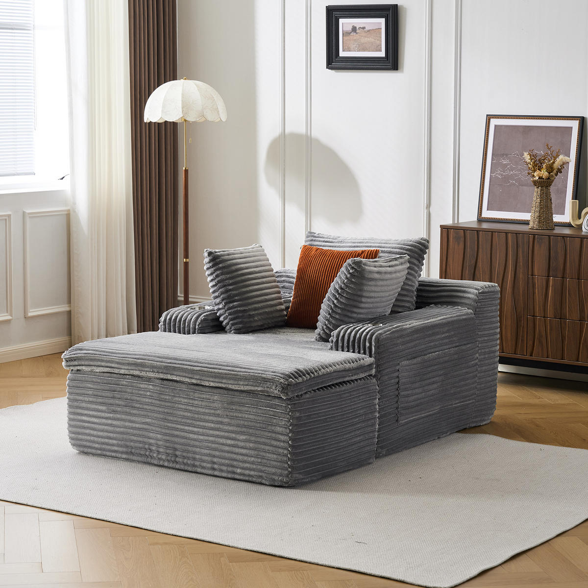 KLAPPSOFA mit 2-in-1-Funktionskissen, Cordstoff - Grau - Grau, Textil (113/63/164cm) - KOMHTOM