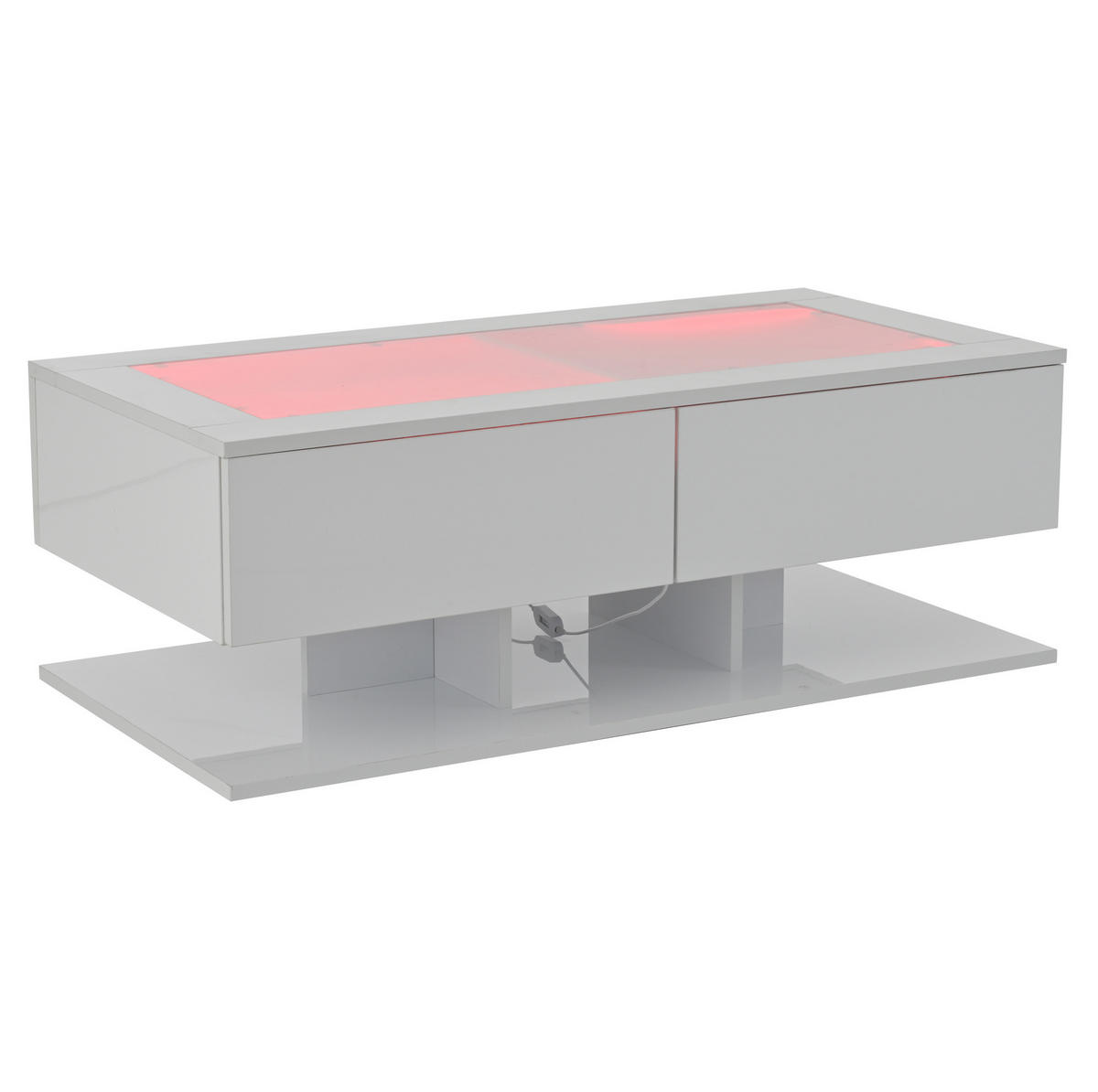 COUCHTISCH aus Spanplatte & Glas 100x50x35 cm in Weiß mit 2 Schubladen & LED - Weiß, Holzwerkstoff (100/50/35cm) - Modfu