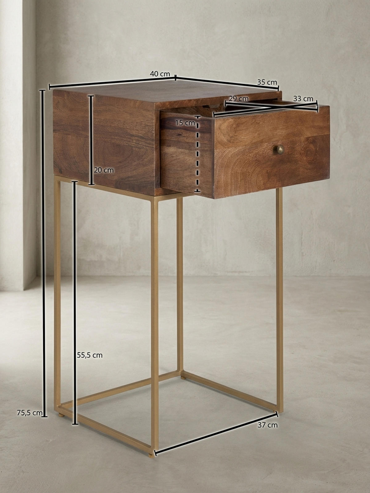 NACHTTISCH – Mango Massivholz/Metall, 1 Schublade, Industrial-Stil - Goldfarben/Braun, Holz/Metall (40/75/35cm) - KADIMA DESIGN