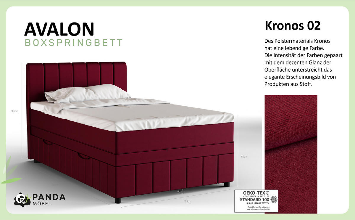 BOXBETT AVALON 120 x 200 cm mit Bettkasten und Topper - Rot - Rot, Holz - Panda Möbel
