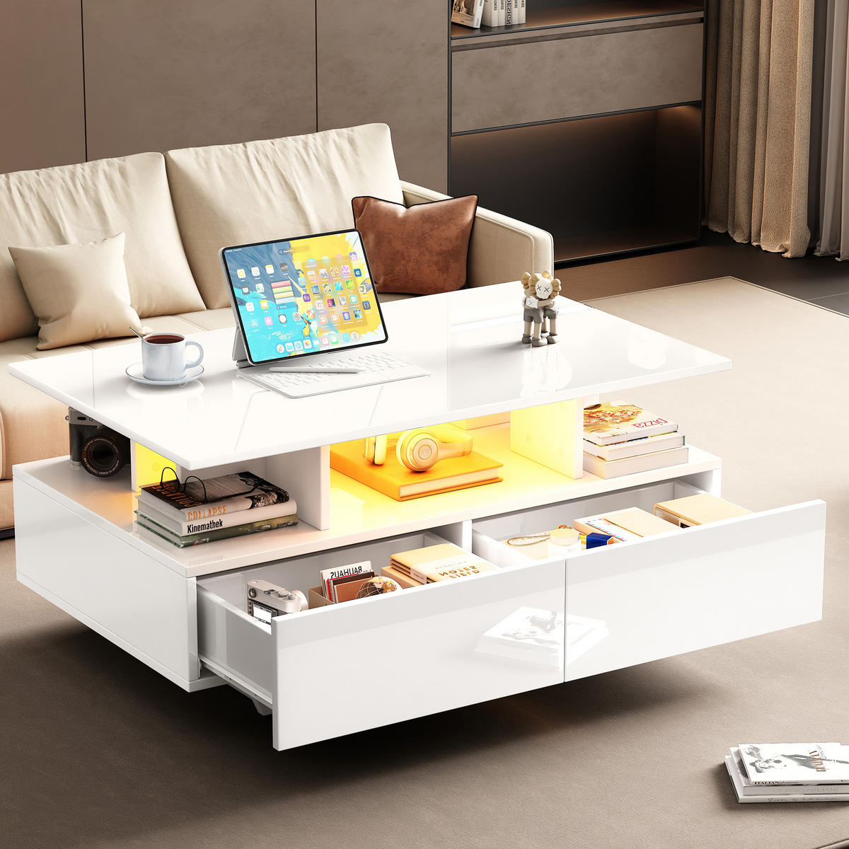 COUCHTISCH Weiß 90/55/41 cm mit LED - Weiß, Holzwerkstoff (55/90/41cm) - PANGIVO