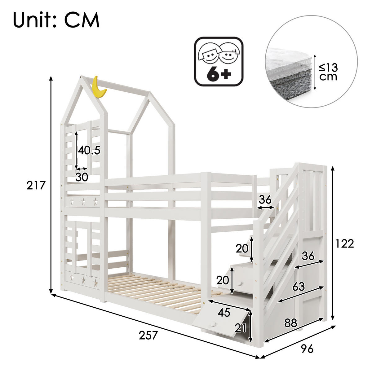 ETAGENBETT 90/200 cm mit Treppe, Schubladen, Rausfallschutz und Stauraum aus Holz, Weiß - Weiß, Holzwerkstoff - Redom