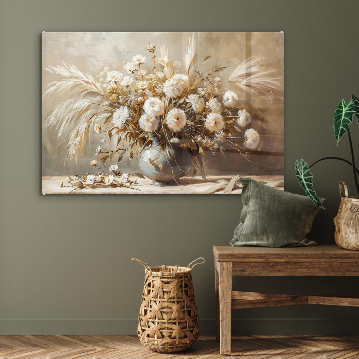 ACRYLGLASBILD Blumen - Vase - Stilleben - Beige 90x60 cm - Creme, Glas (90/60cm) - MuchoWow