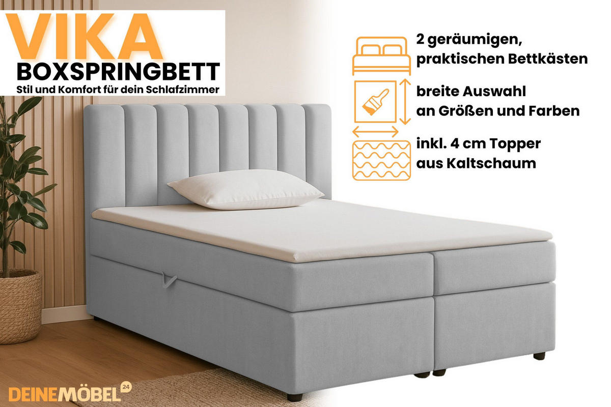 BOXBETT VIKA 200/200 in Velours Hellgrau H3 - Hellgrau, Holz/Holzwerkstoff (200/200cm) - Deine Möbel 24