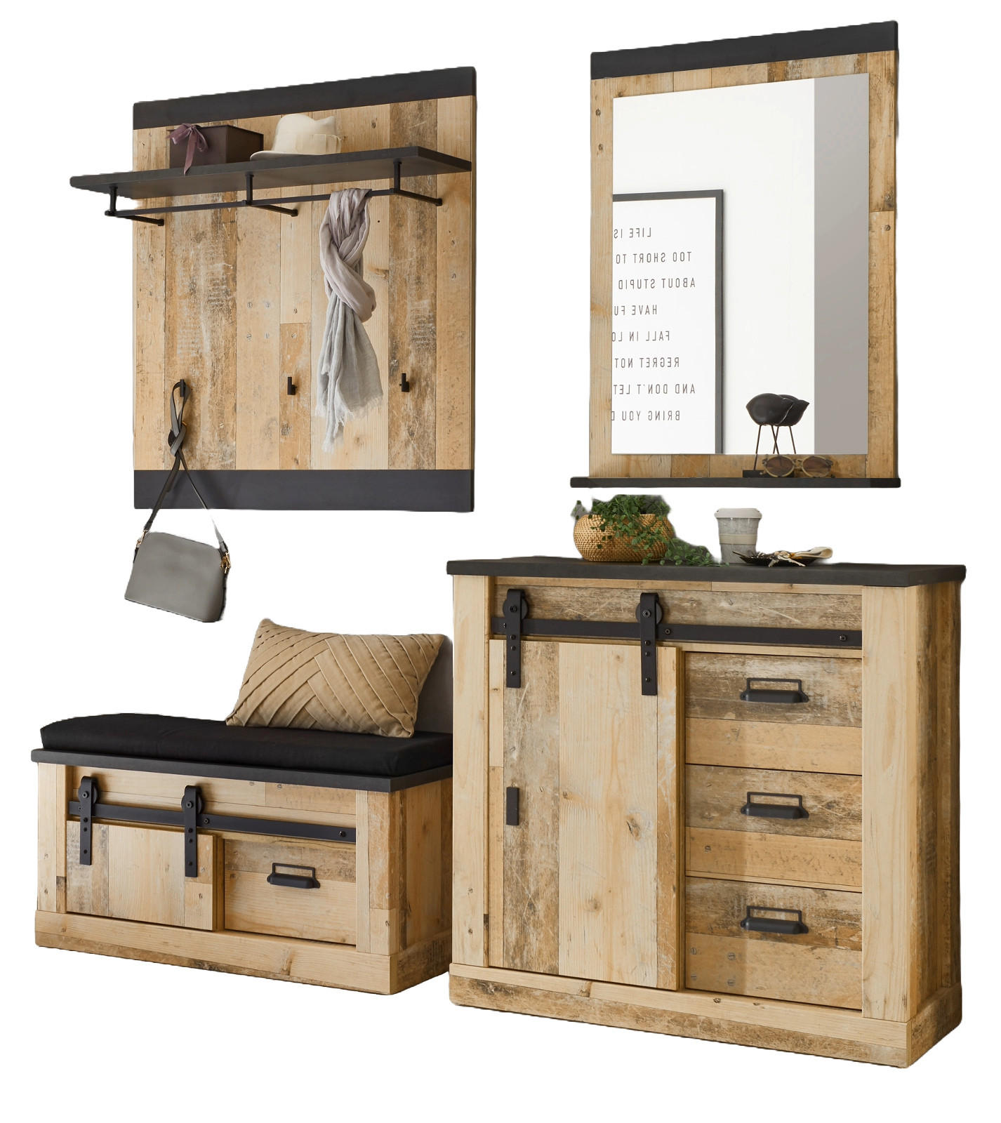GARDEROBE Komplett-Set 5-tlg. Used Wood Vintage, mit Schiebetüren und Soft-Close - Anthrazit/Schwarz, Holzwerkstoff/Metall (206/200/43cm) - Furn.Design