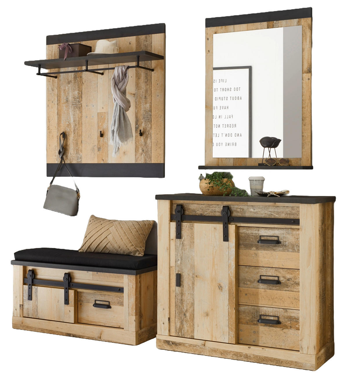 GARDEROBE Komplett-Set 5-tlg. Used Wood Vintage, mit Schiebetüren und Soft-Close - Anthrazit/Schwarz, Holzwerkstoff/Metall (206/200/43cm) - Furn.Design