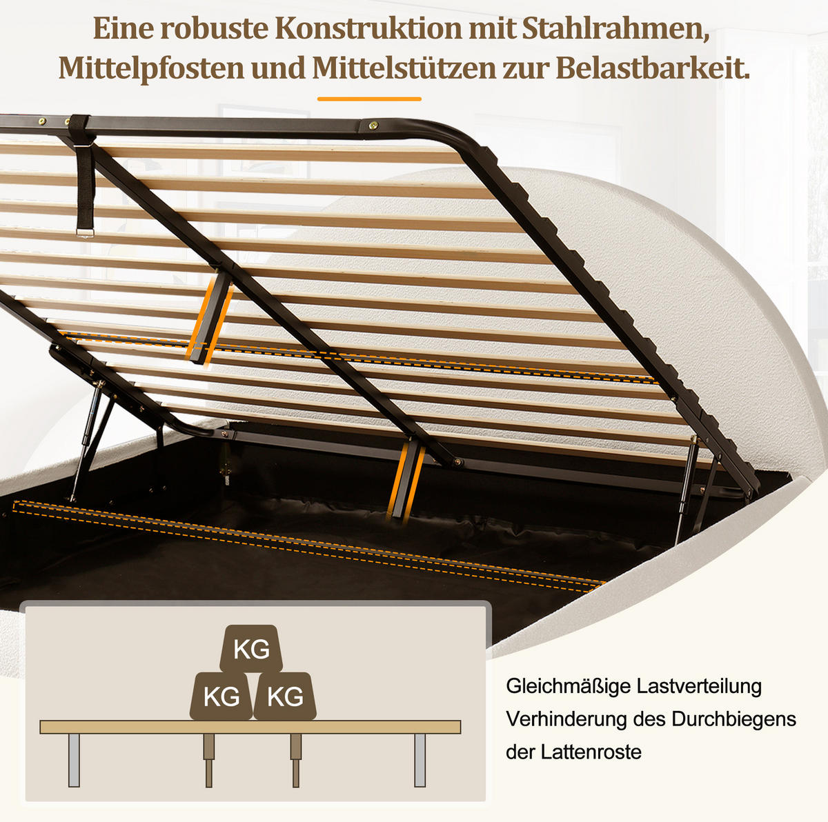 POLSTERBETT aus Bouclé 160x200 cm Weiß mit Bettkasten, Lattenrost und hydraulischer Hebefunktion - Weiß, Textil (160/200cm) - Modfu