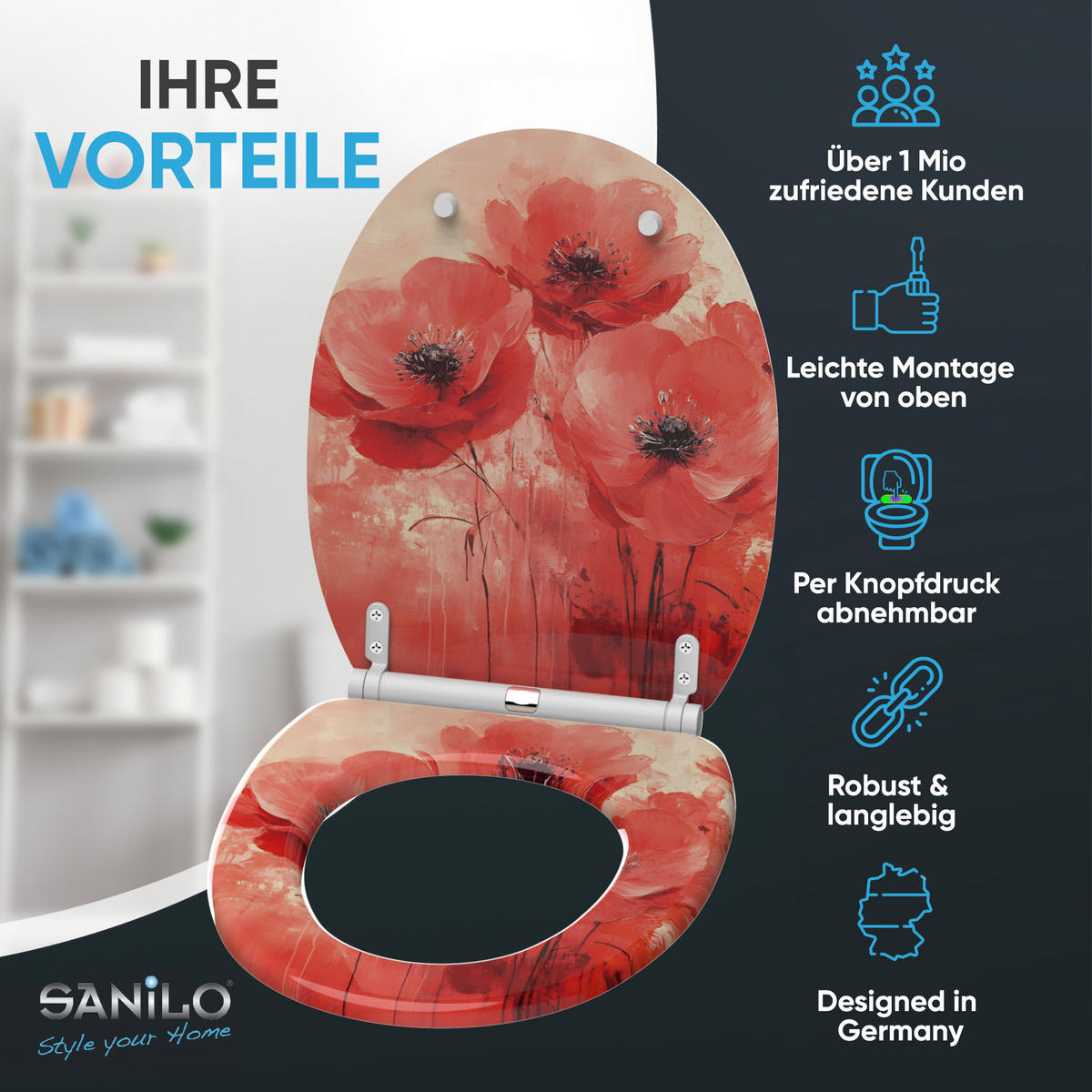 WC-SITZ mit Absenkautomatik & Top Fix Poppy - Rot, Holzwerkstoff (37.7/5.5/48cm) - Sanilo