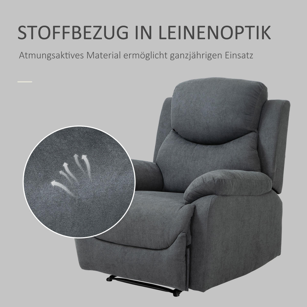 RELAXSESSEL 150° neigbar Einzelsofa Liege Fernsehsessel Leinen Dunkelgrau - Dunkelgrau/Schwarz, Textil/Metall (88/102/93cm) - HOMCOM