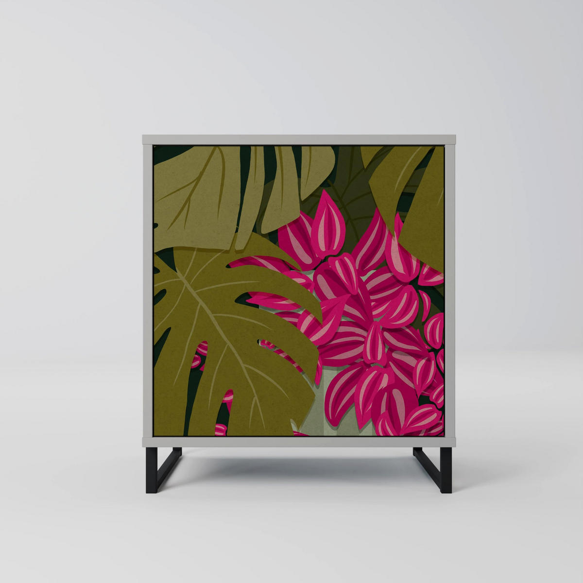 SIDEBOARD TROPICAL BEAUTY, Grau, 57,5x42x70,5 cm, Schwarze Metall-Sternfüße - Multicolor/Schwarz, Holzwerkstoff/Metall (57.5/70.5/42cm) - SpaceRebels