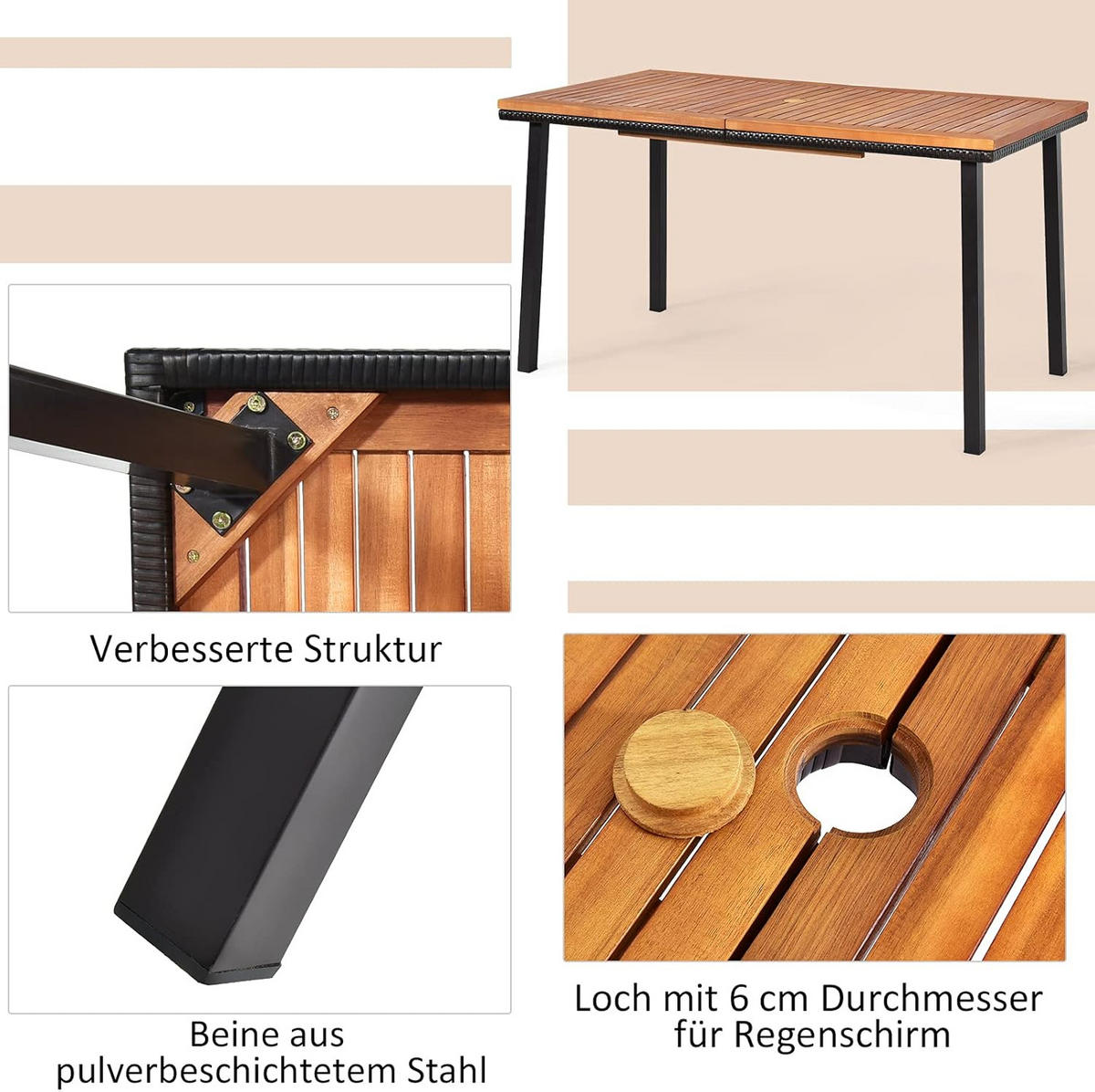 GARTENTISCH Esstisch mit Schirmloch Braun - Braun, Metall (140/75/76cm) - COSTWAY