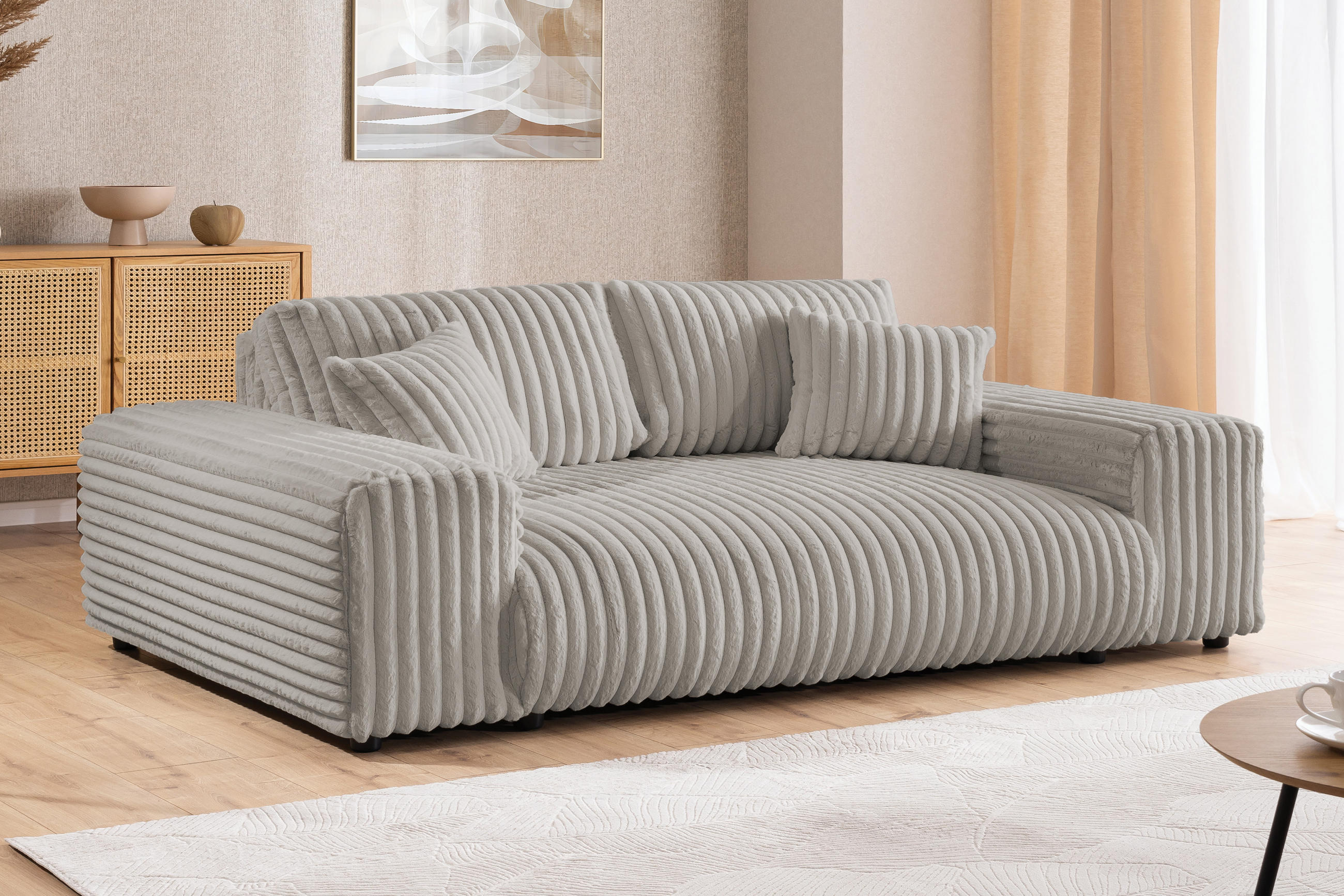 3-SITZER-SOFA Mollis Hellgrau Plüschcord - Hellgrau/Schwarz, Holz/Kunststoff (213/79/108cm) - S-Style Möbel