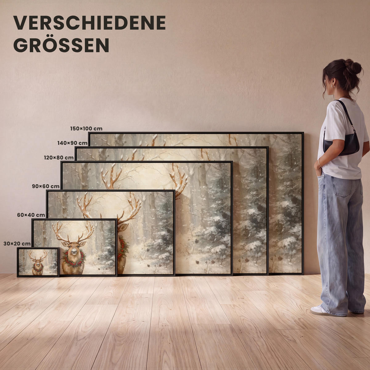 LEINWAND Bilder mit Rahmen - Weihnachten - Rentier - Winter - Kranz - 140x90 - Naturfarben, Textil (140/90cm) - MuchoWow
