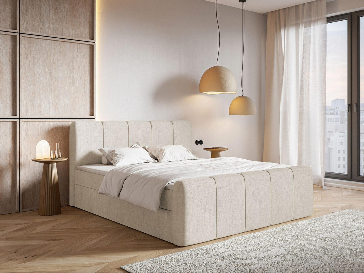BOXBETT Cloudy II mit Bettkästen und Topper Chenille Hellbeige, 160x200 cm - Ecru/Schwarz, Kunststoff/Textil (160/200cm) - Selsey