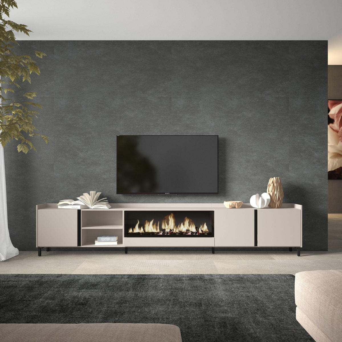 LOWBOARD, Beige, 315/35/61cm, Kamin mit Feuereffekt XXL - Beige, Holzwerkstoff (315/61/35cm) - Skraut Home