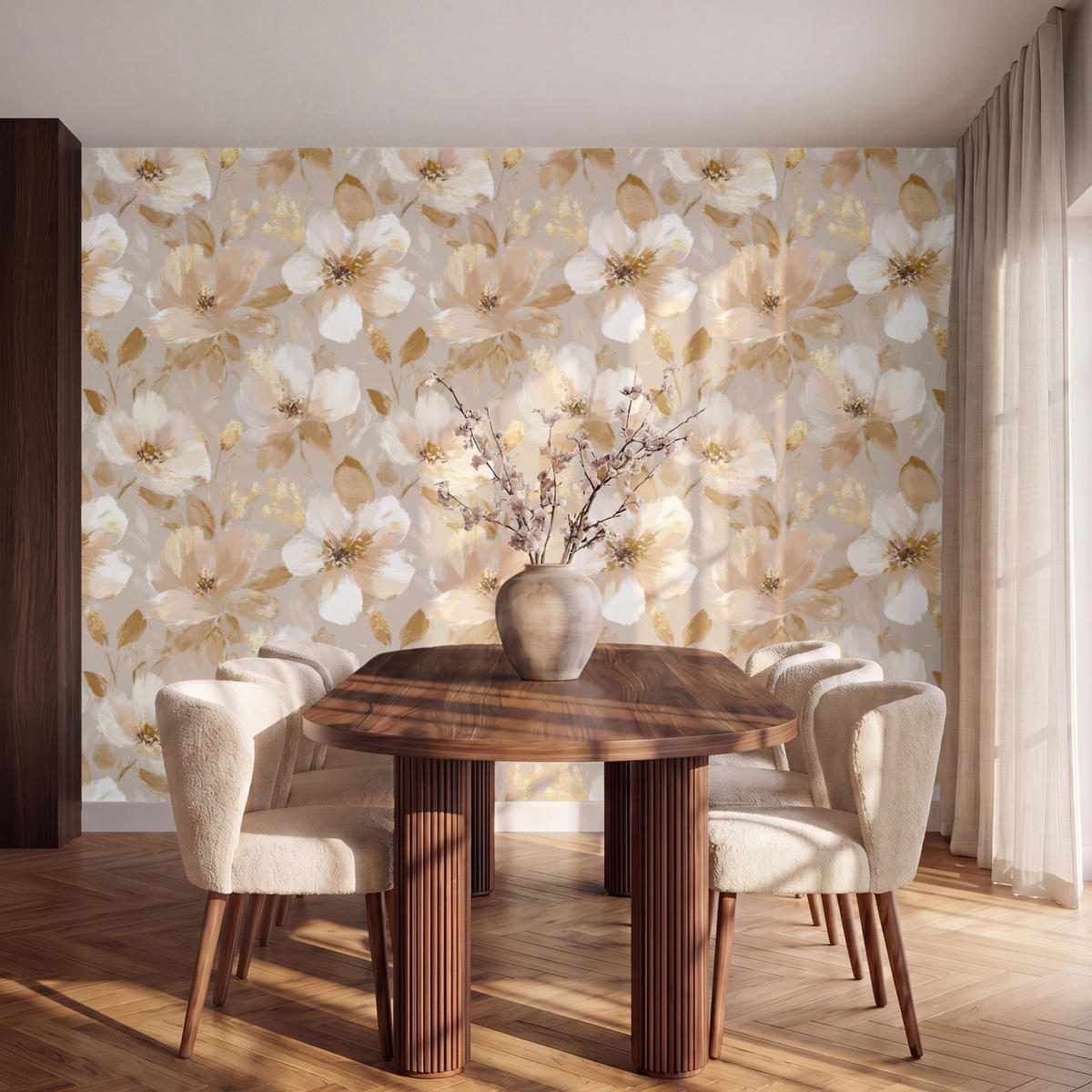 TAPETE - Blumen - künstlerisch - Gold - 280x200 cm - Beige, Papier (280/200cm) - OnlyWow