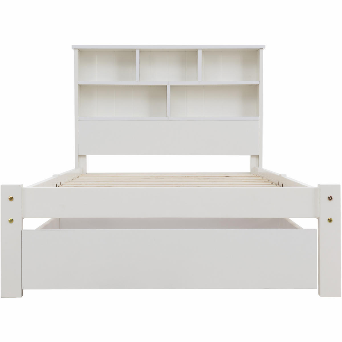 BETT 90/200 cm in Weiß mit Bücherregal-Kopfteil und Schubladen aus Massivholz - Weiß, Holz (90/200cm) - BEAOK