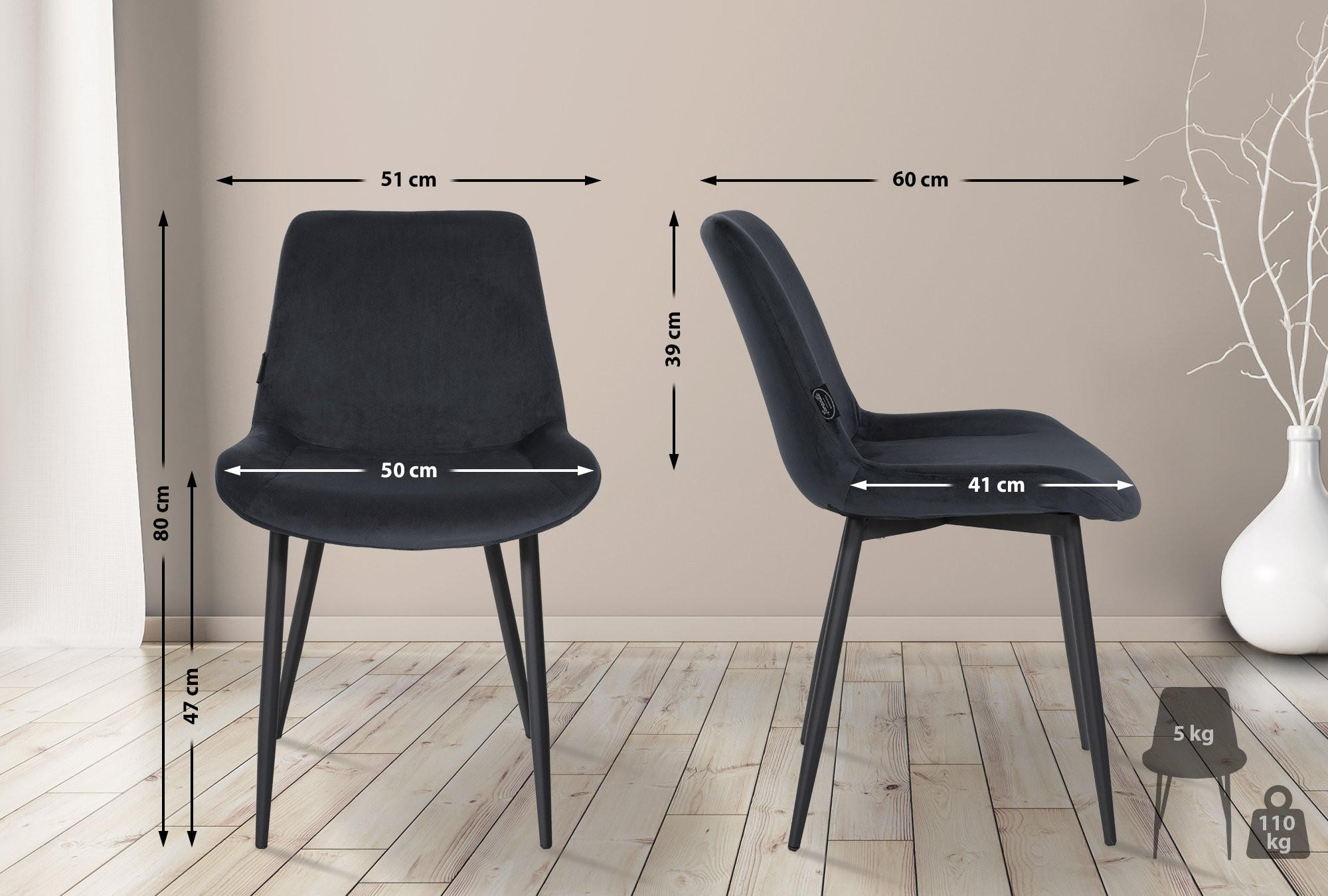 STUHL Samt schwarz - Schwarz, Textil/Metall (51/80/60cm) - CLP