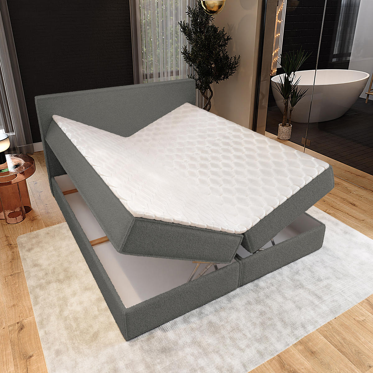 BOXBETT PELLIO 140x200 cm mit Matratze und Topper - Grau - Grau, Holz (140/200cm) - MASSENO