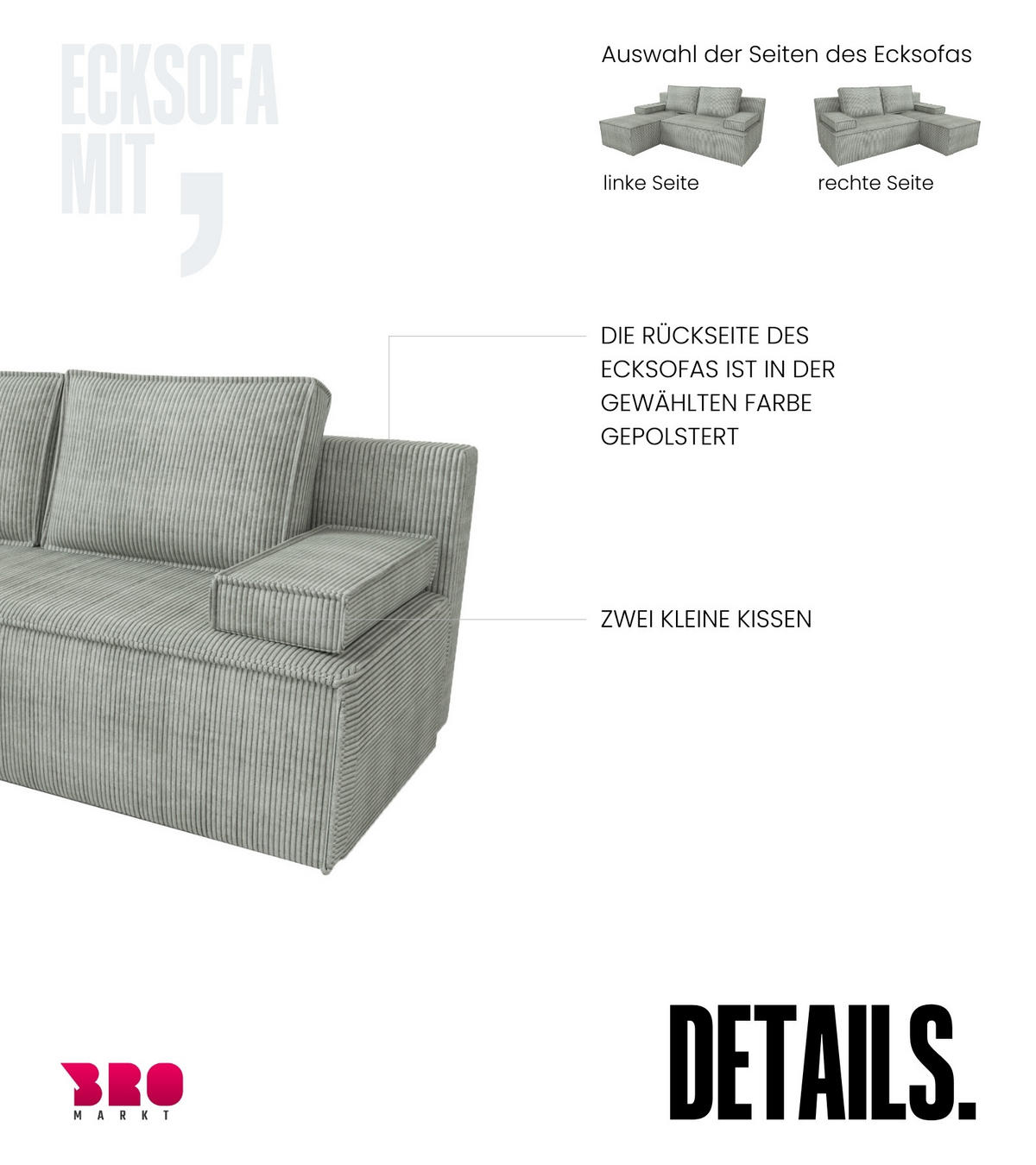 ECKSOFA Caspar mit Schlaffunktion Grau Cord - Hellgrau, Textil (200/141cm) - Bromarkt