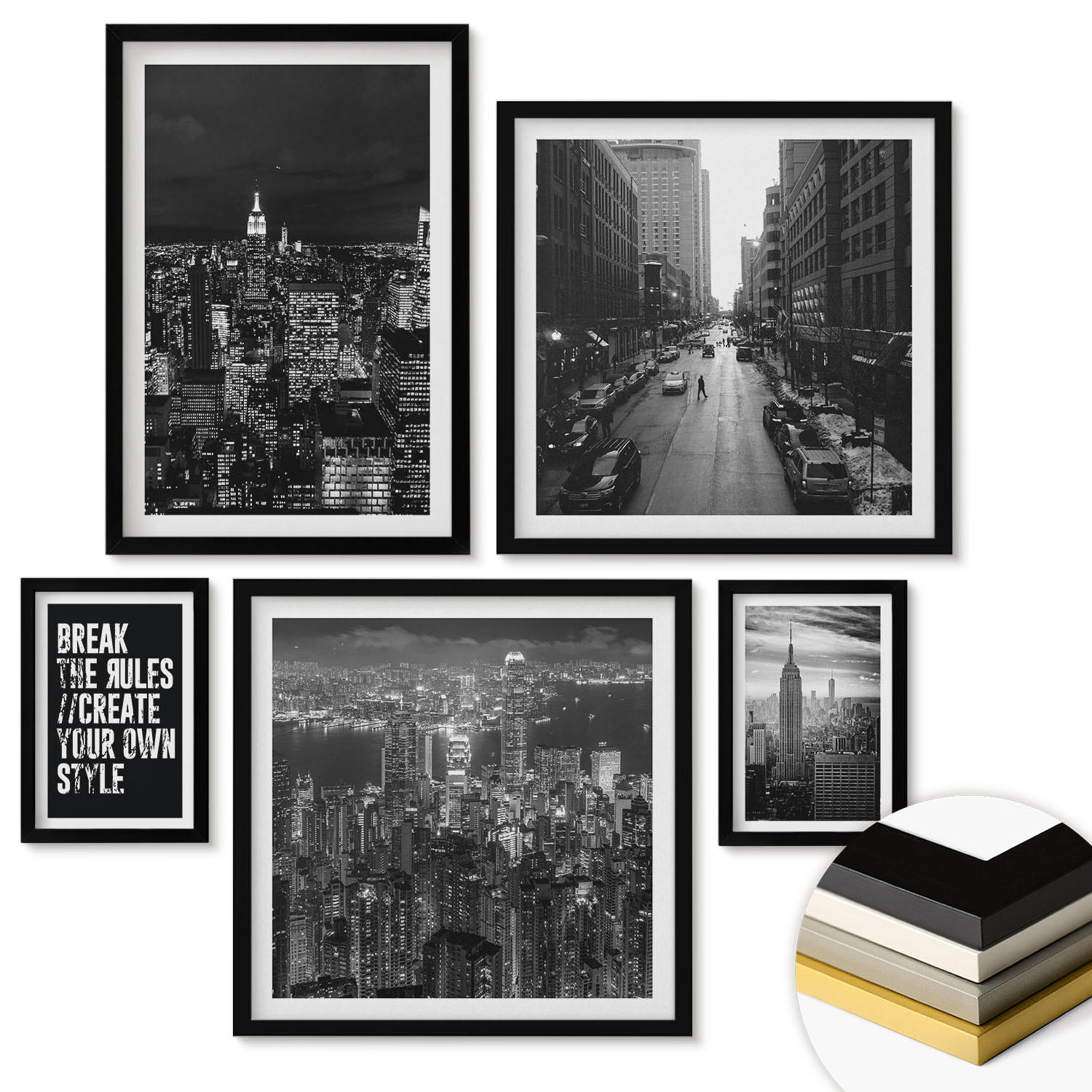 WANDBILDER 5er-Set - 50x50 cm & 20x30 cm & 40x60 cm Schwarzer Rahmen - Inspiration für Schwarz-Weiß-Darstellungen von Stadtstraßen - Schwarz, Kunststoff (40/60cm) - ArtPrintCave