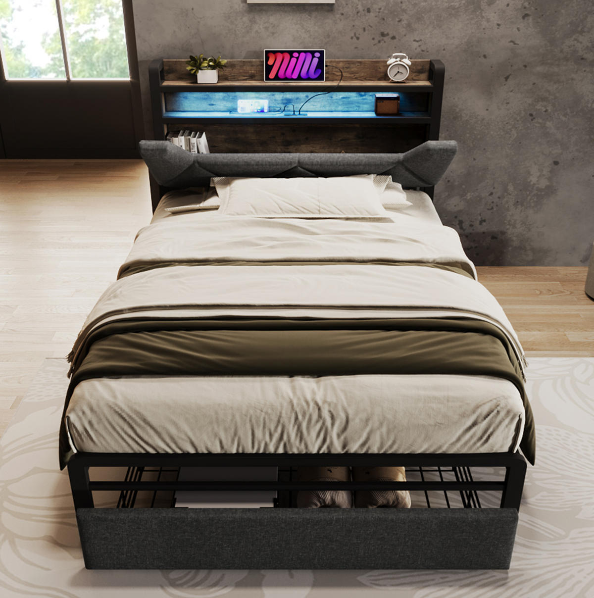 BETT 90/200 cm Grau mit LED-Beleuchtung, Stauraum und Matratze - Grau, Textil (90/200cm) - Flora Grace