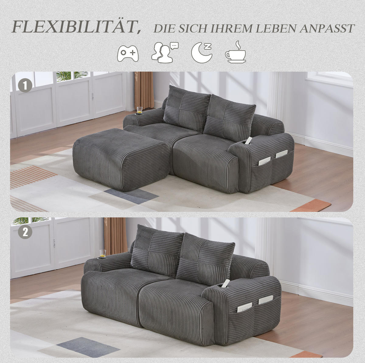 ECKSOFA 200/174/80 cm dunkelgrau aus Cord mit Cupholder und Seitentasche - Dunkelgrau, Textil (174/200cm) - OKWISH