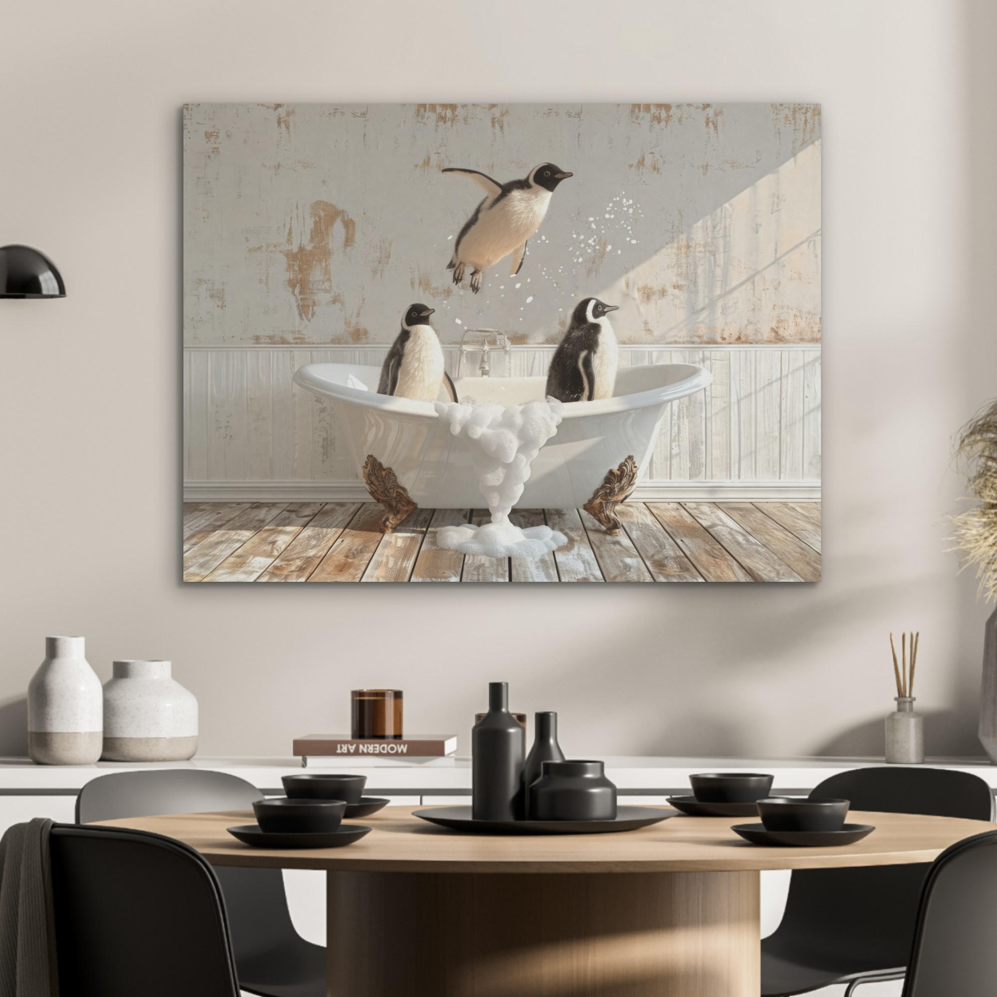 AKUSTIKPANEEL Vintage - Pinguin - Badewanne - Schaumstoff 80x60 cm - Schwarz, Textil (80/0.9/60cm) - MuchoWow