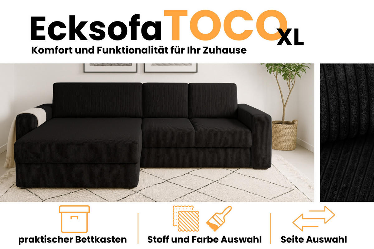 ECKSOFA TOCO XL 275/170 cm in Cord Schwarz links - Schwarz, Holz/Holzwerkstoff (275/170cm) - Deine Möbel 24
