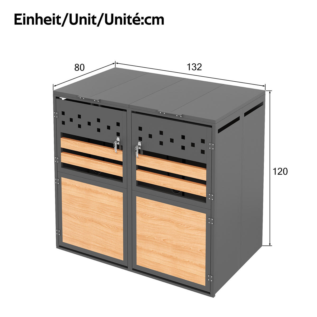 MÜLLTONNENBOX aus Stahl in Grau/Holzoptik mit hydraulischem Klappdeckel - Grau, Metall (264/124.5/80cm) - Modfu