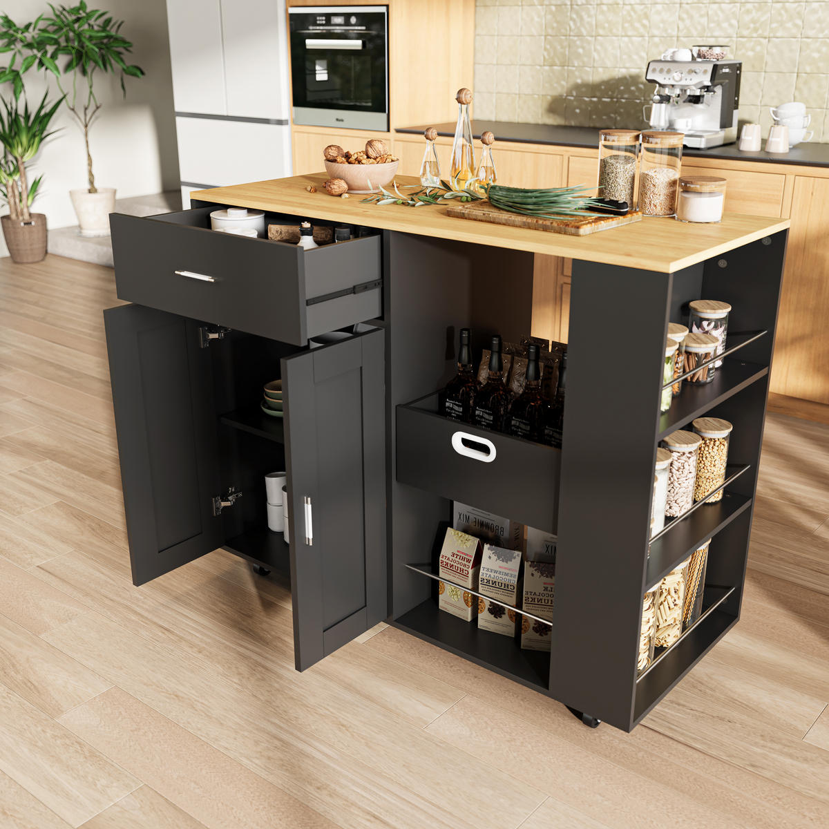 KÜCHENWAGEN rollbar 3 Ebenen Gewürzregal offen schwarz - Schwarz, Holz (46/92/102cm) - LEBENLANG