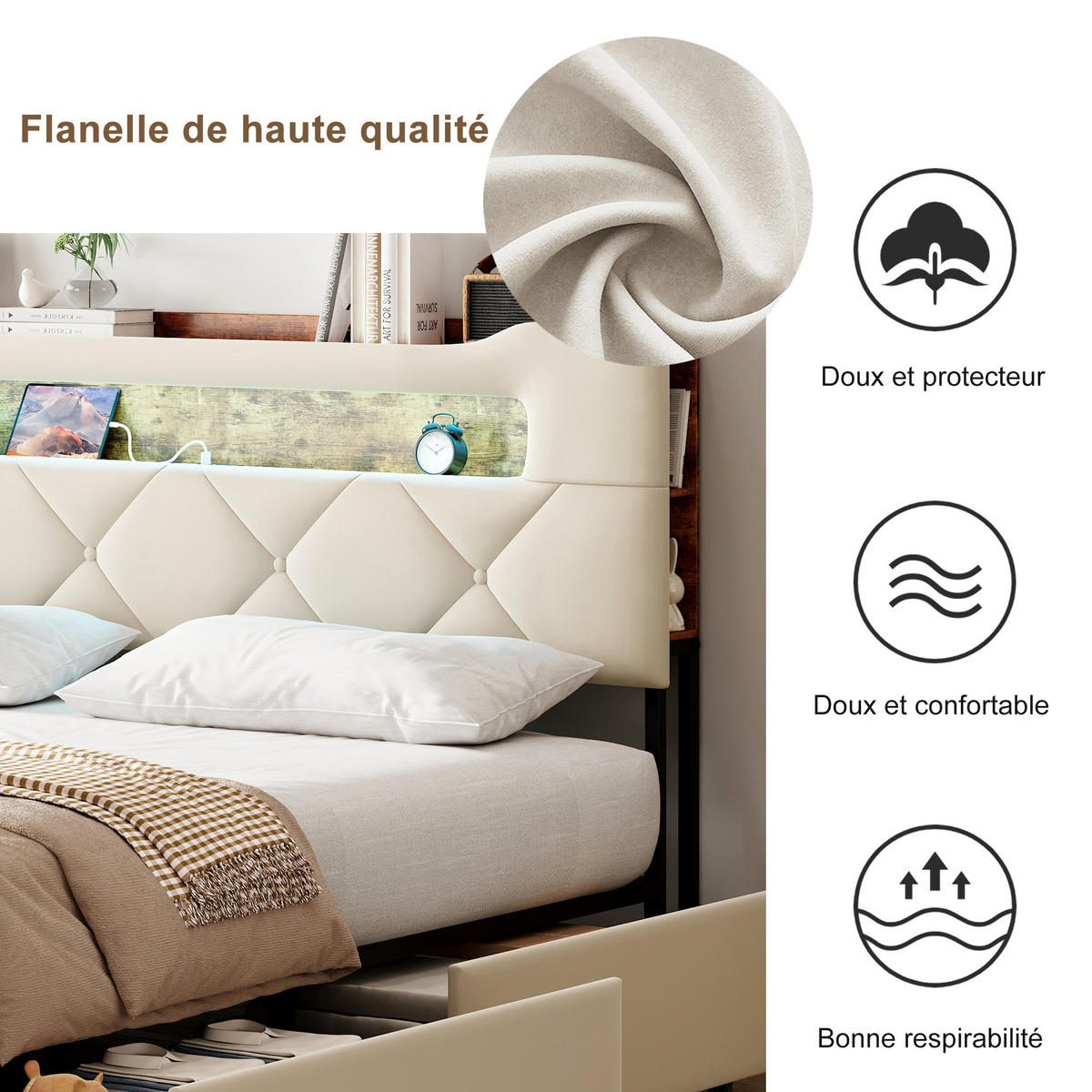 STAURUMBETT 160X200CM SAMT BEIGE LED KOPFTEIL 4 SCHUBLADEN - Beige, Holzwerkstoff - SHOPENTRA