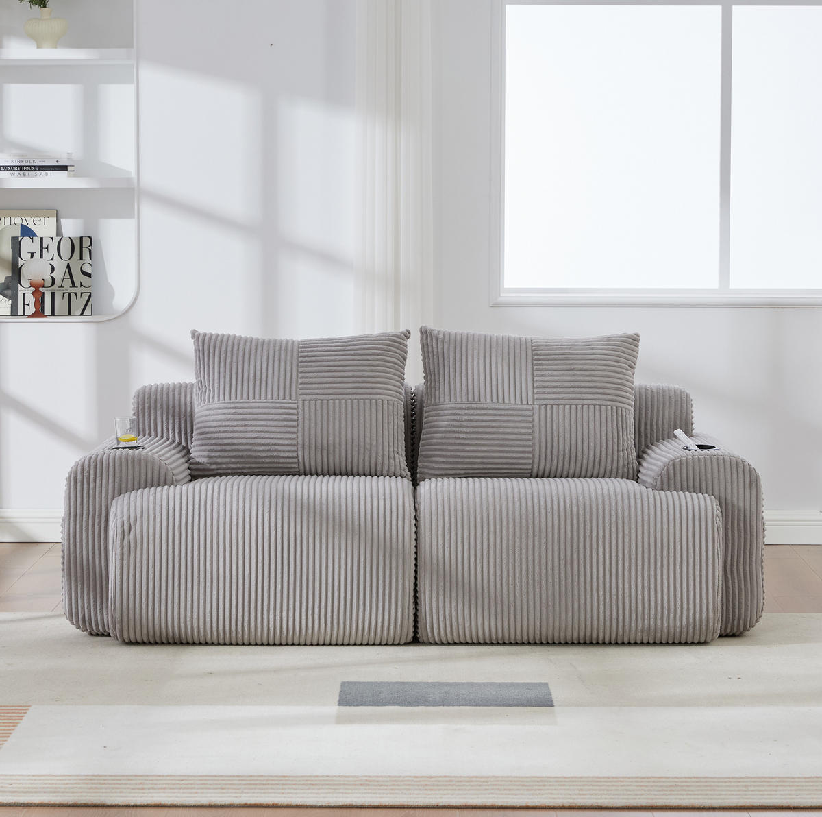2-SITZER-SOFA aus Cord 200x99x80 cm in Hellgrau mit Cupholder & Seitentasche - Hellgrau, Textil (99/80/200cm) - Modfu