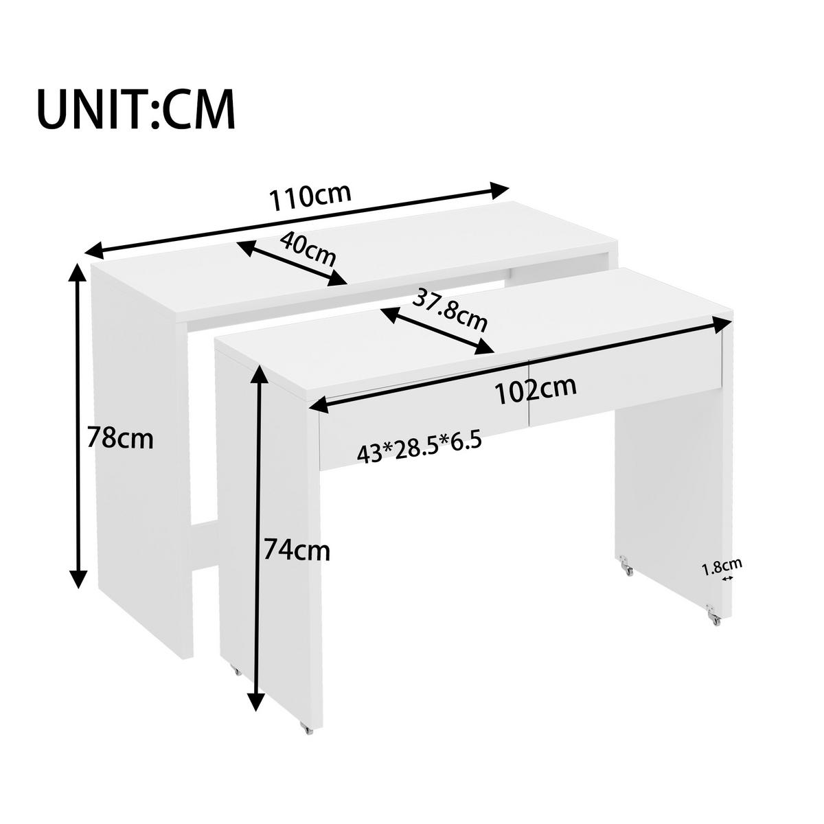 SCHREIBTISCH 2-in-1 Kommode ausziehbar Rollen Holz 1,8cm modern - Weiß, Holzwerkstoff (110/40/78cm) - FLIEKS