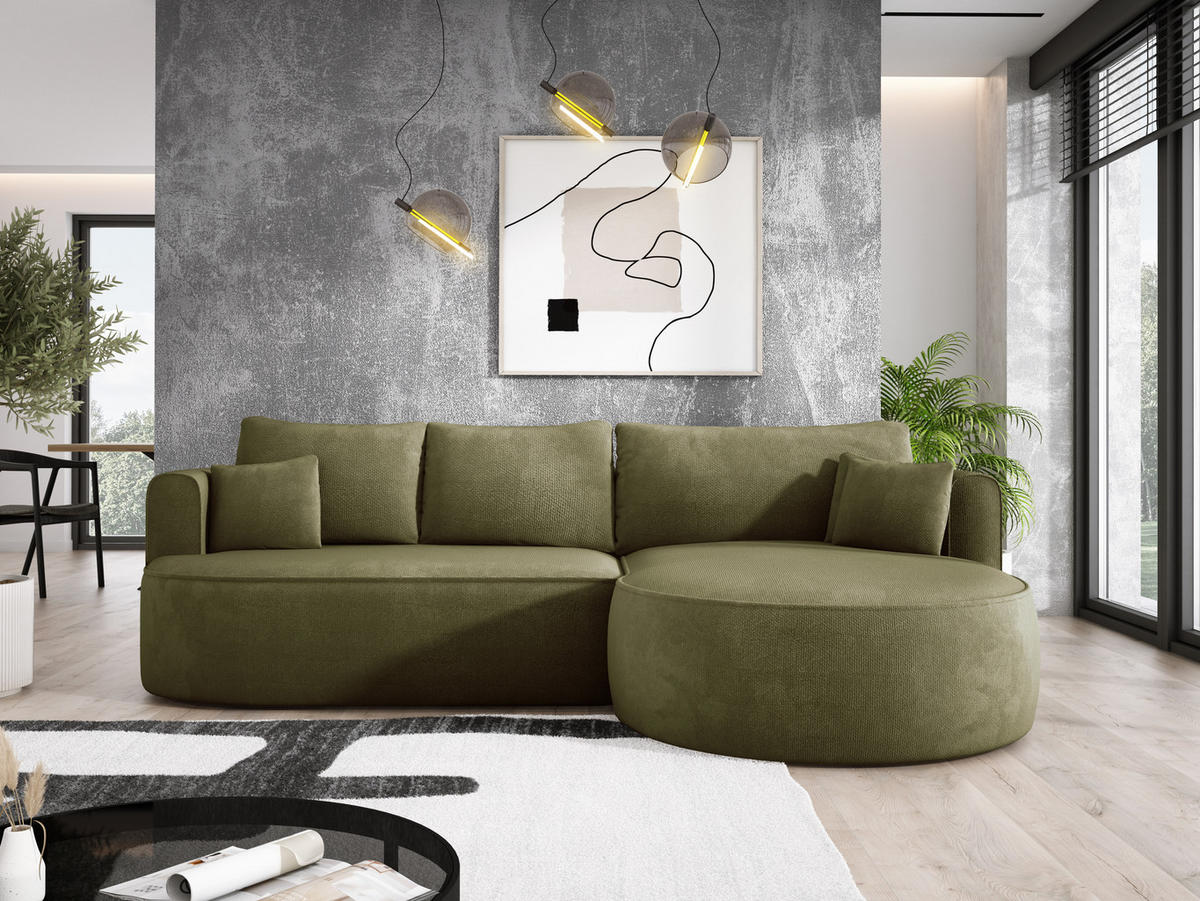 ECKSOFA FIORE-L Moderne Ausziehbare Schlaf-Funktion, automatischer Auffaltung, lose Rückenkissen freistehend RECHTS 284x183x82 cm cm Green - Grün, Holz/Textil (284/183cm) - DomoHome