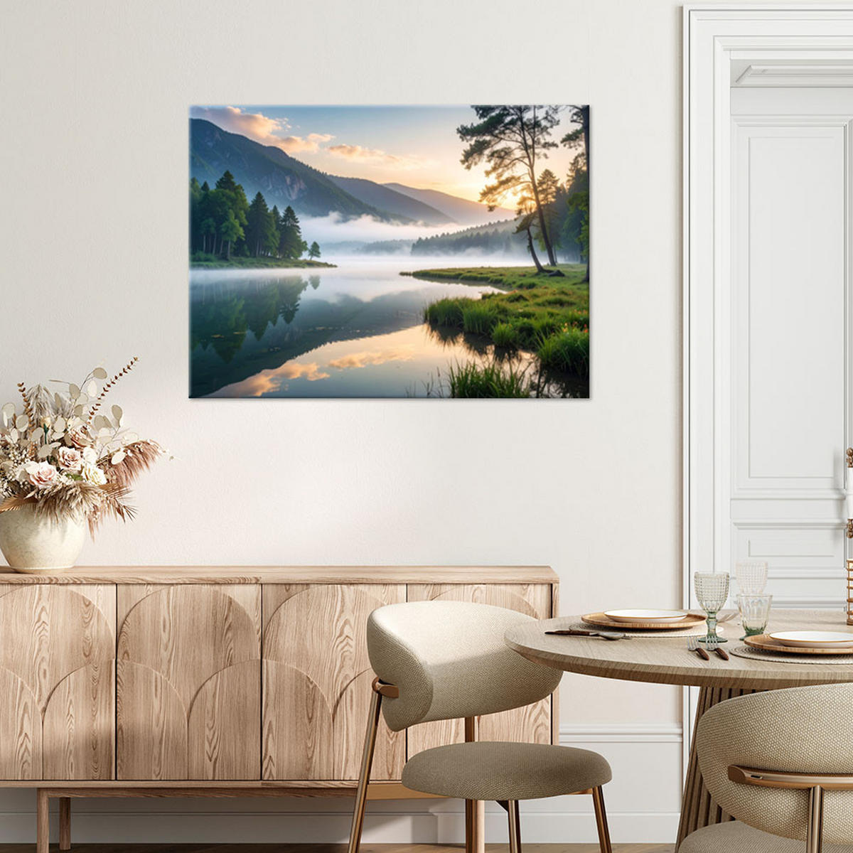 LEINWANDBILD Aussicht See Wald im Nebel 60x40cm - Blau, Textil (60/40cm) - Feeby