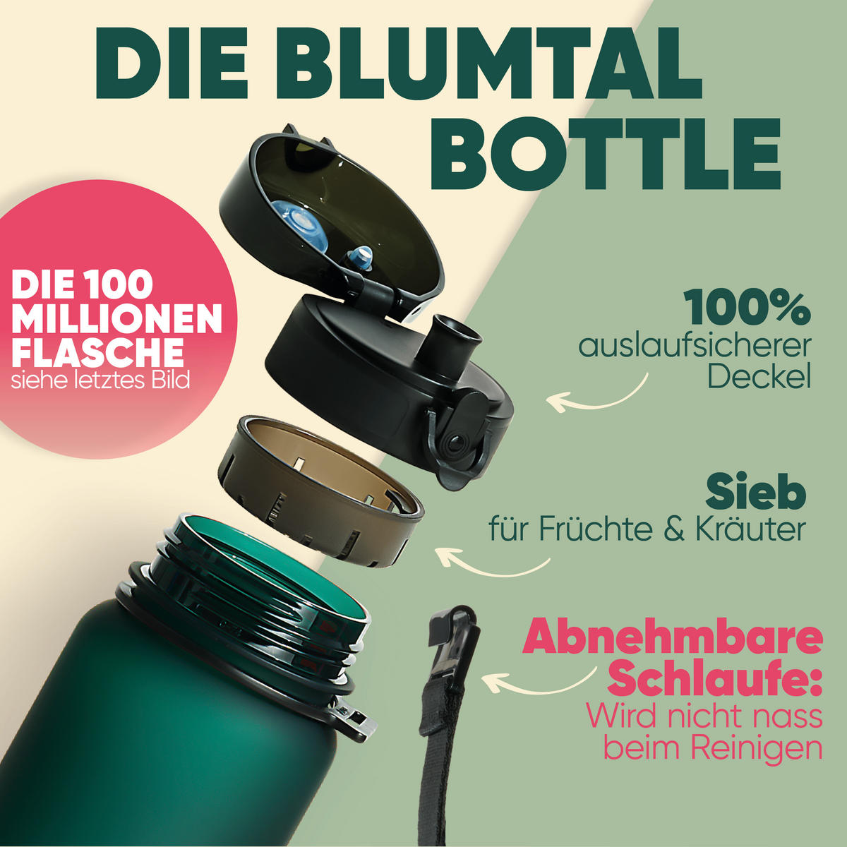 TRINKFLASCHE 1L - auslaufsichere - 1-Klick-Verschluss - BPA - freie - Türkis - Türkis, Kunststoff (1L) - Blumtal
