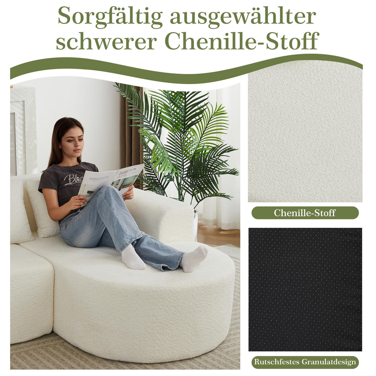 ECKSOFA 222/157/73 cm Beige Chenille mit 3 Kissen (Rechte Seite) - Creme, Textil (157/222cm) - Oxeza
