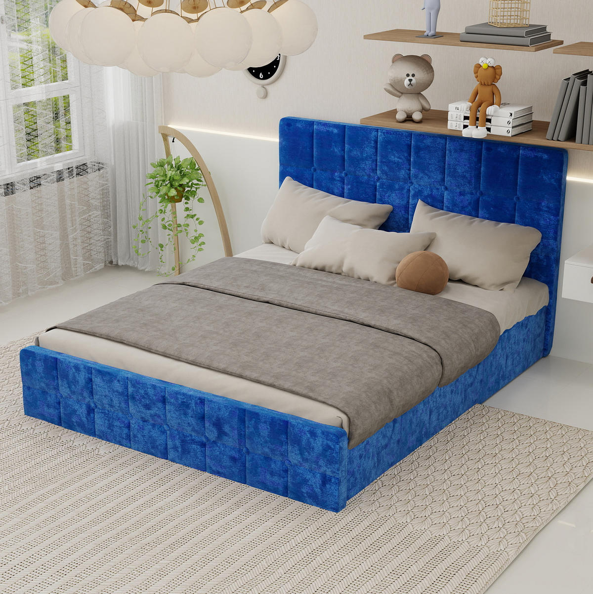 POLSTERBETT 160/200 cm mit gepolstertem Kopfteil und Ziersteppung, Blau - Blau, Textil (160/200cm) - Redom