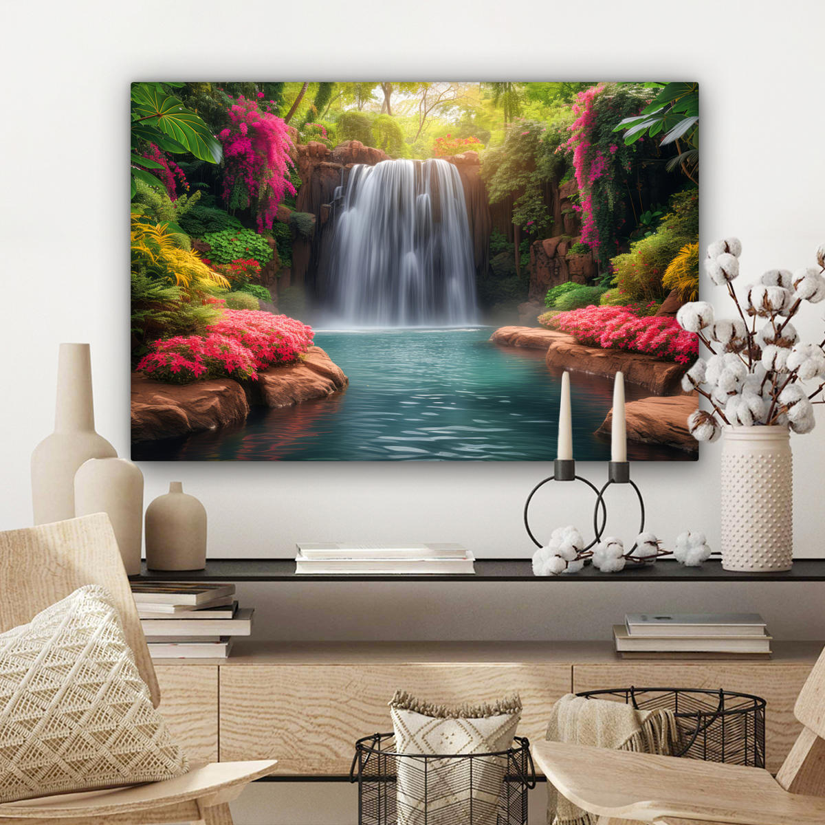 LEINWANDBILD Wasserfall - Natur - Pflanzen - Dschungel - Wasser Wanddeko 90x60 cm - Grün, Textil (90/60cm) - MuchoWow