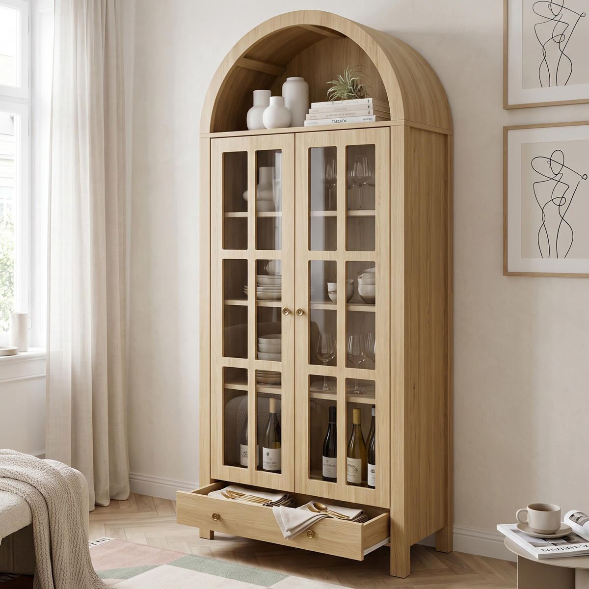 HIGHBOARD Bogen-Design Holzoptik mit Acryl-Türen & Schublade - Naturfarben, Holzwerkstoff (75/170.5/35cm) - Urban Meuble