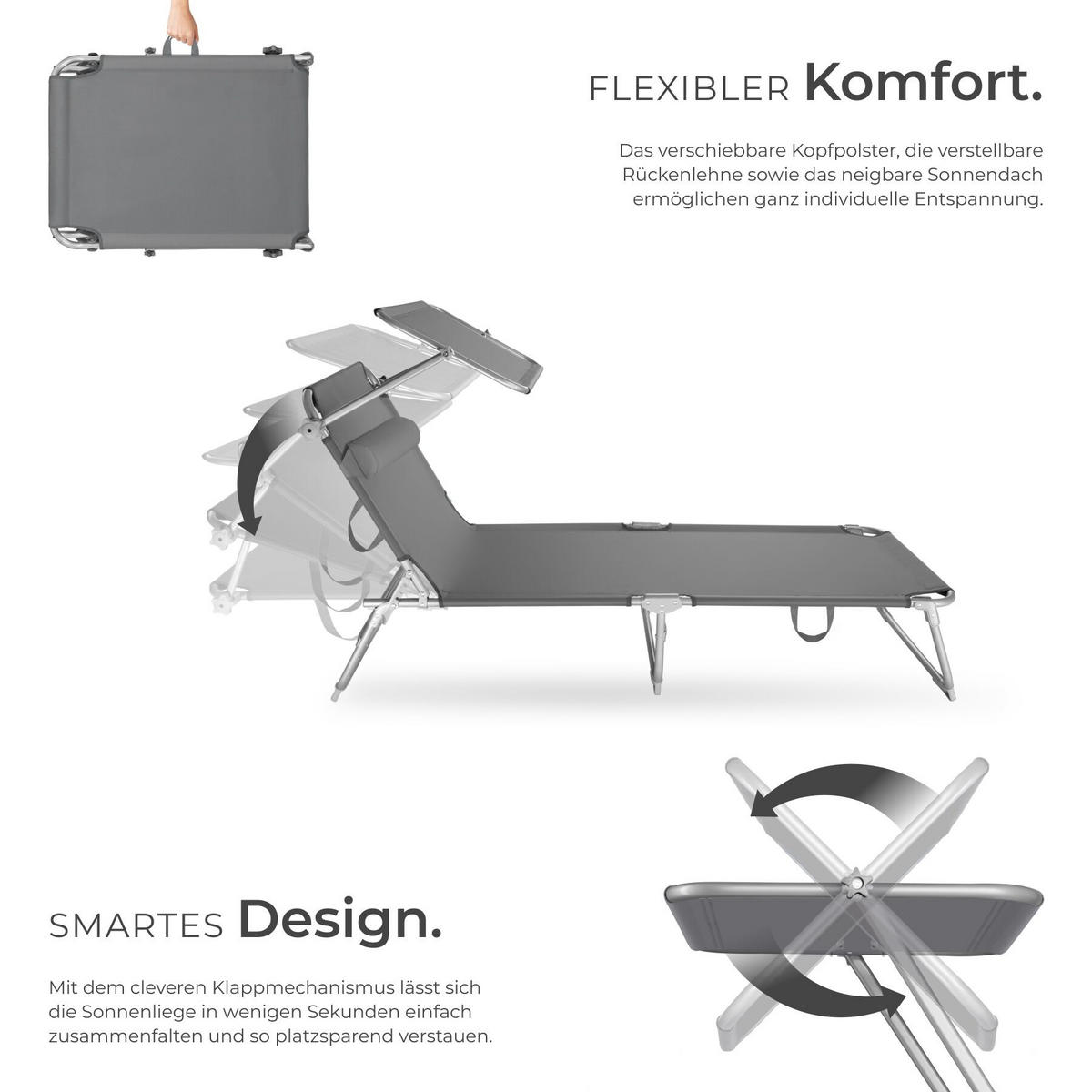 SONNENLIEGE 2er Set Chloé, 190 x 68 x 111 cm, mit Seitentasche, grau - Grau, Kunststoff (68/65/190cm) - tectake