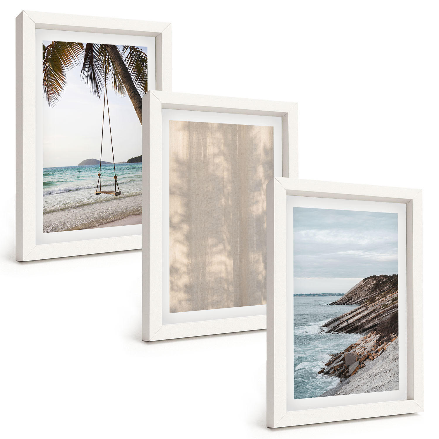 BILDER SET 3er Set - 20x30 cm Weißer Rahmen - Sommerlicher Sandstrand mit Meerblick - Weiß, Kunststoff (20/30cm) - TULUP