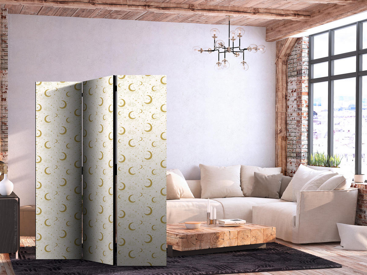 PARAVENT Akustik 3-tlg 135x172 cm Mond Sterne Boho Stil - Beige, Holz/Textil (135/172/3cm) - Muralo