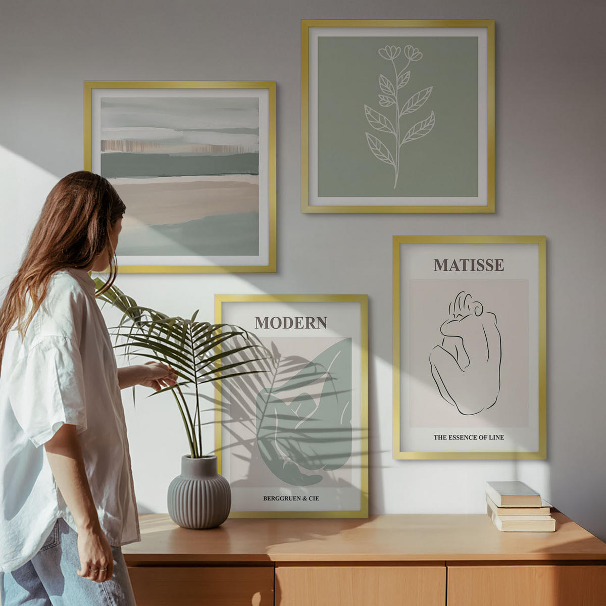 WANDBILDER 4er Set - 50x50 cm & 40x60 cm Goldrahmen - Abstrakte Pflanzenformen - Goldfarben, Kunststoff (50/50cm) - ArtPrintCave