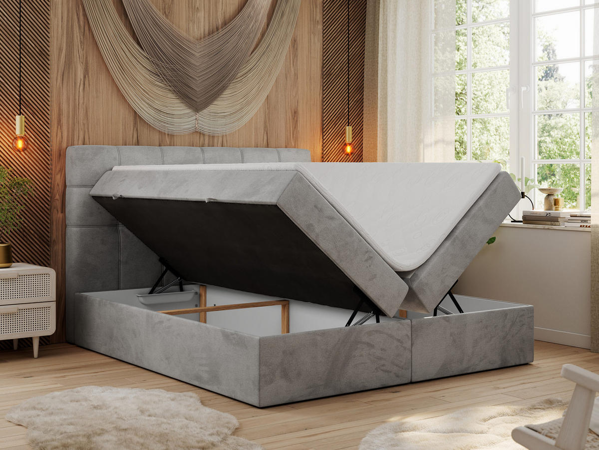 BOXBETT ERNI 180/200 - Hellgrau Velvet - H3 - Hellgrau, Holz/Textil (180/200cm) - MKS