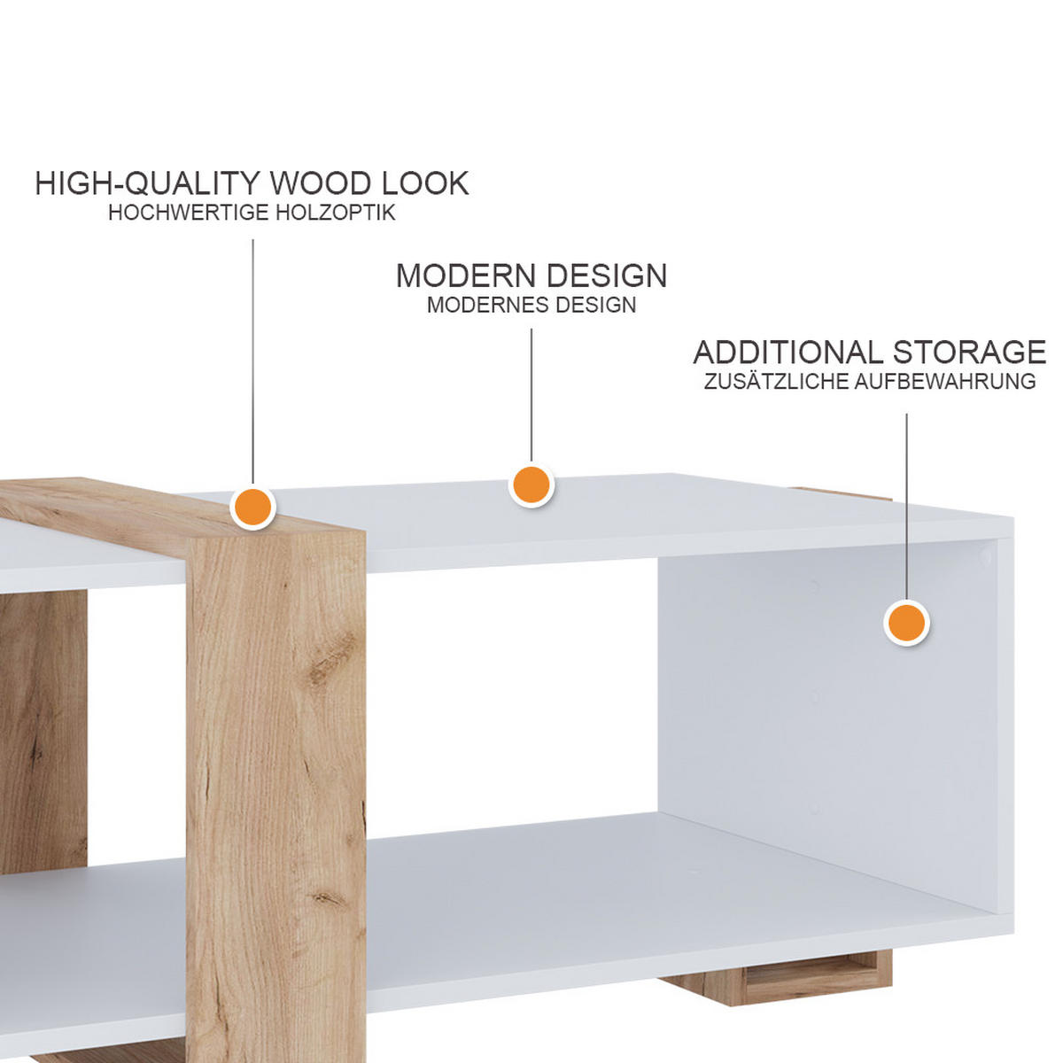 COUCHTISCH Aven Weiß/Goldkraft Eiche 91.5 x 52 cm - Honigeiche/Weiß, Holzwerkstoff (52/91.5/42.1cm) - Vicco