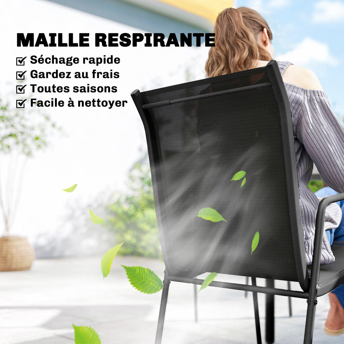 GARTENMÖBELSET 6-teilig,Tisch+stapelbare Textilene-Stühle,schwarz - Schwarz, Metall - Vallsero